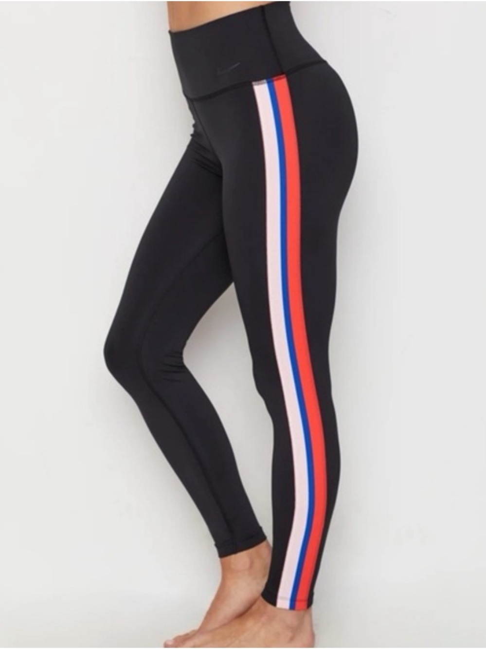 Nike Black High-Rise Leggings with Coral, Blue, & Pink Side Stripes